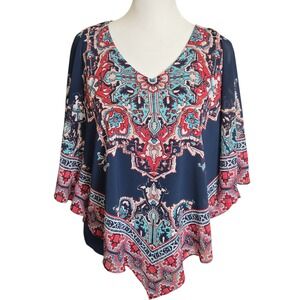 Ruby Rd Petite Women's Navy Blue Medallion Print Tunic Top Size PL Boho Chic Fun